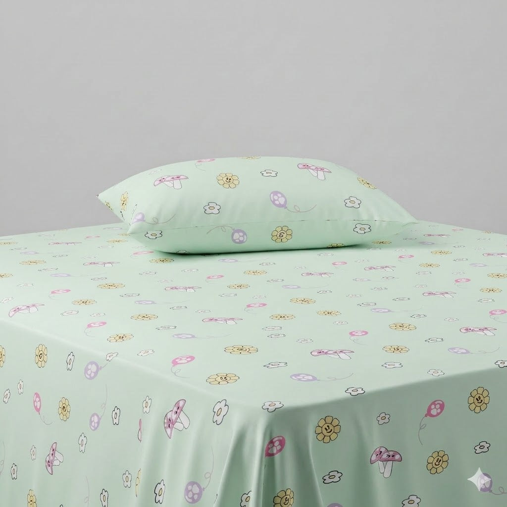 Whimsical mushroom and flower Cotton Bed Sheet