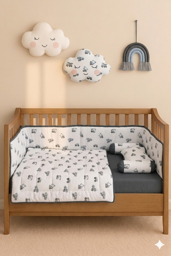 Grey Construction Vehicle Pattern  Baby Cot Set