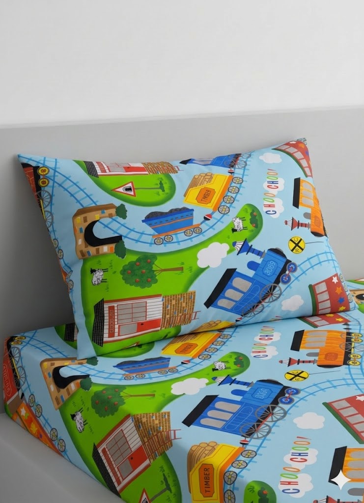Train Themed Kids Cotton Bed Sheet