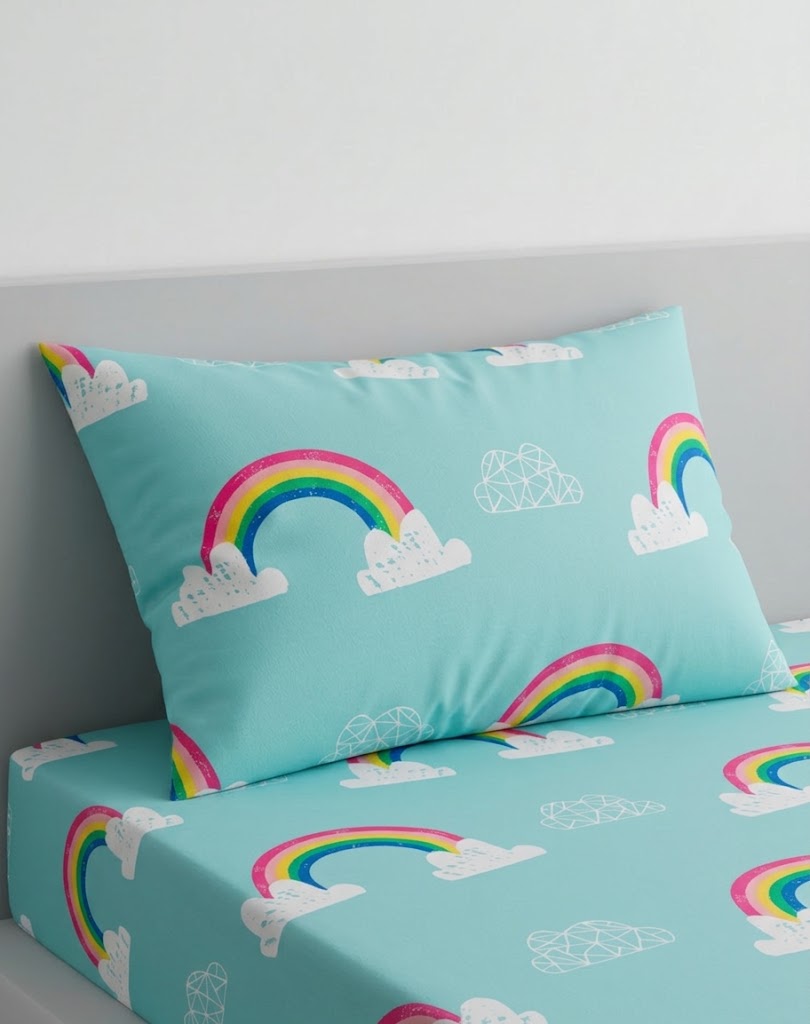 Colorful Rainbows and Fluffy Clouds kids Cotton Bed Sheet