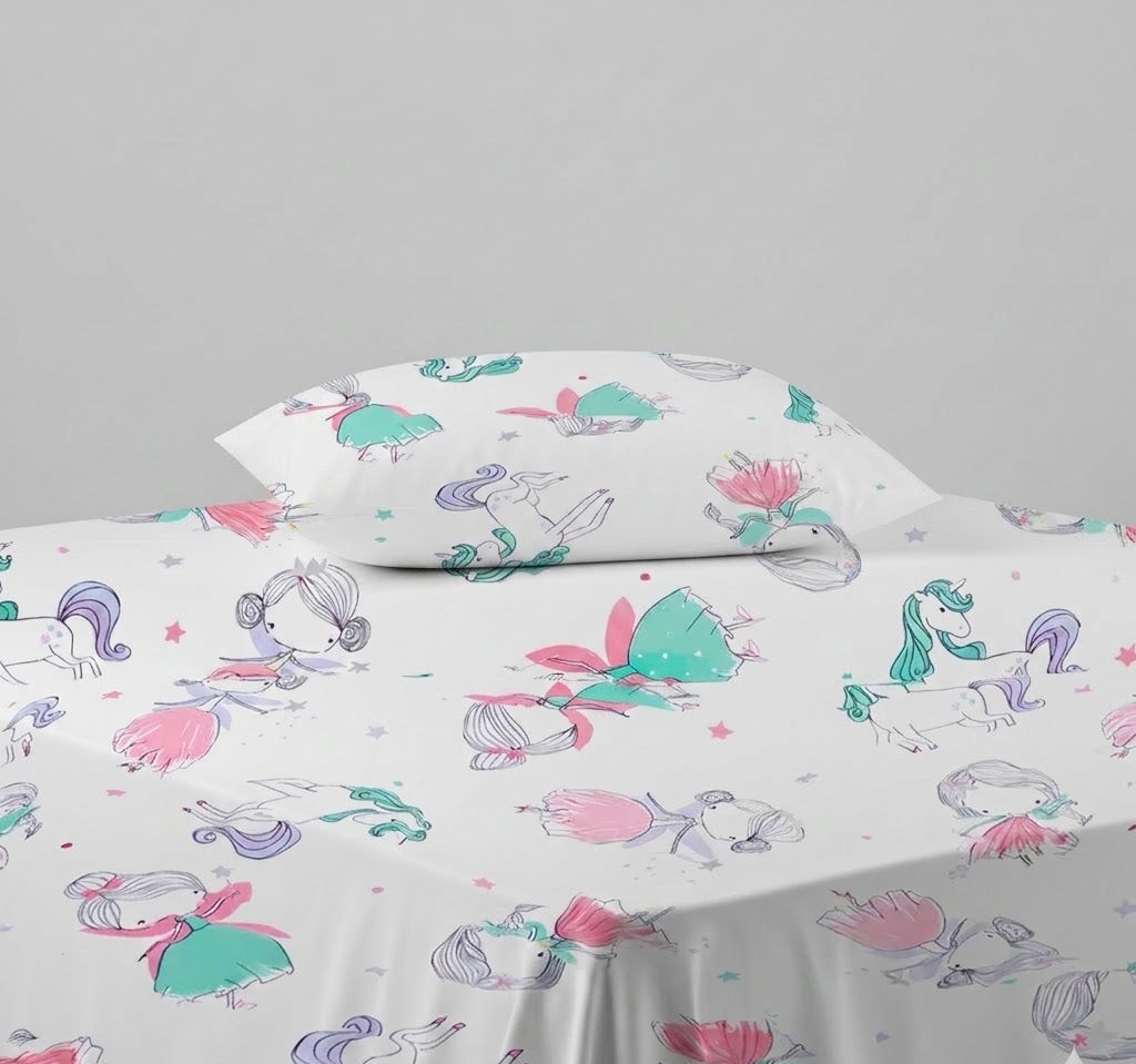 Unicorn and Ballerina Themed Cotton Bed Sheet