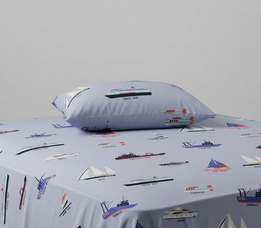 Colorful various ships and boats Themed  kids Cotton Bed Sheet