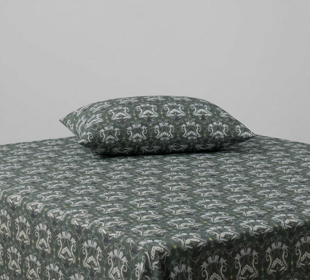 Dark Green and White Damask Patterned kids Percale Bed Sheet