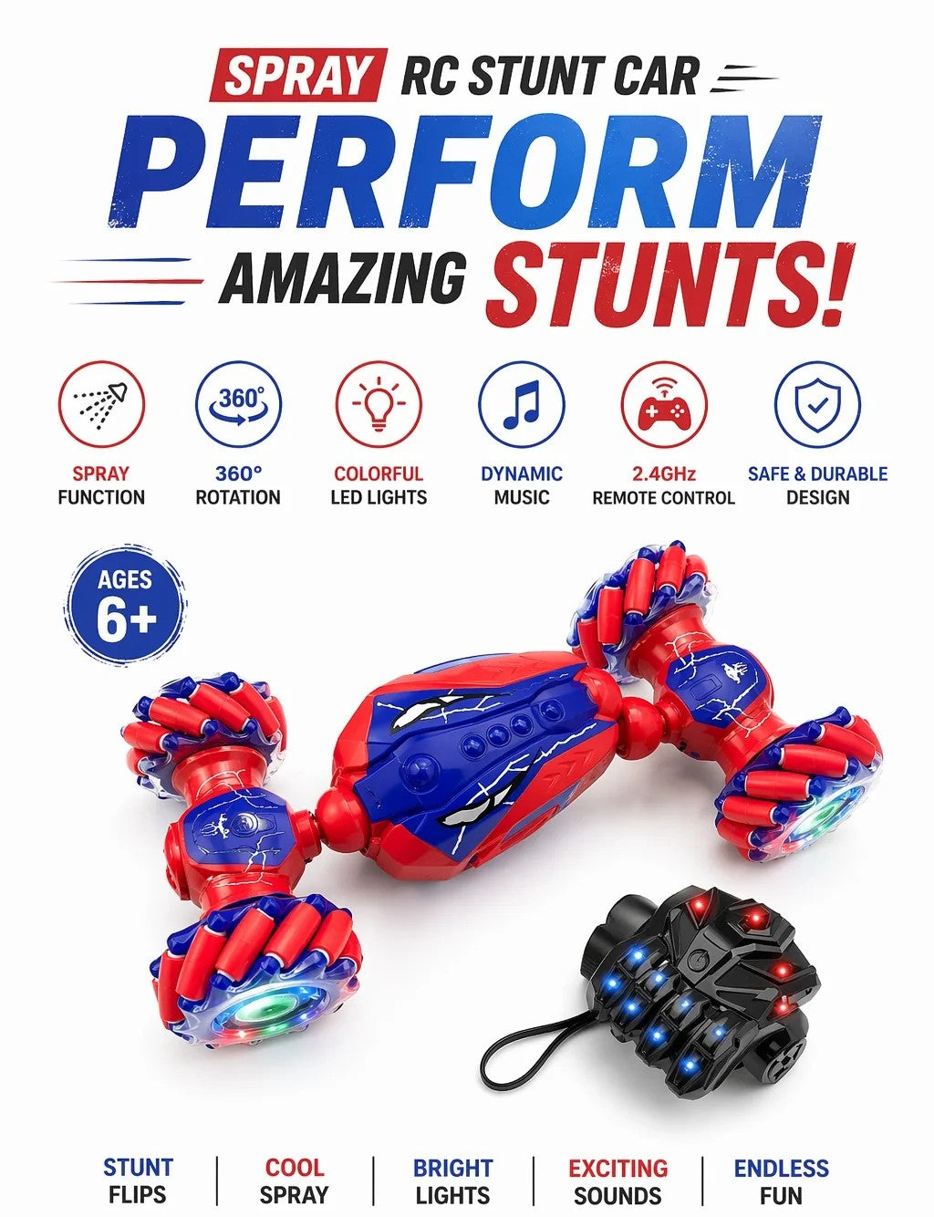 Spray Stunt Remote Control Car with Hand Gesture Control – 360° Drift & Light Effects