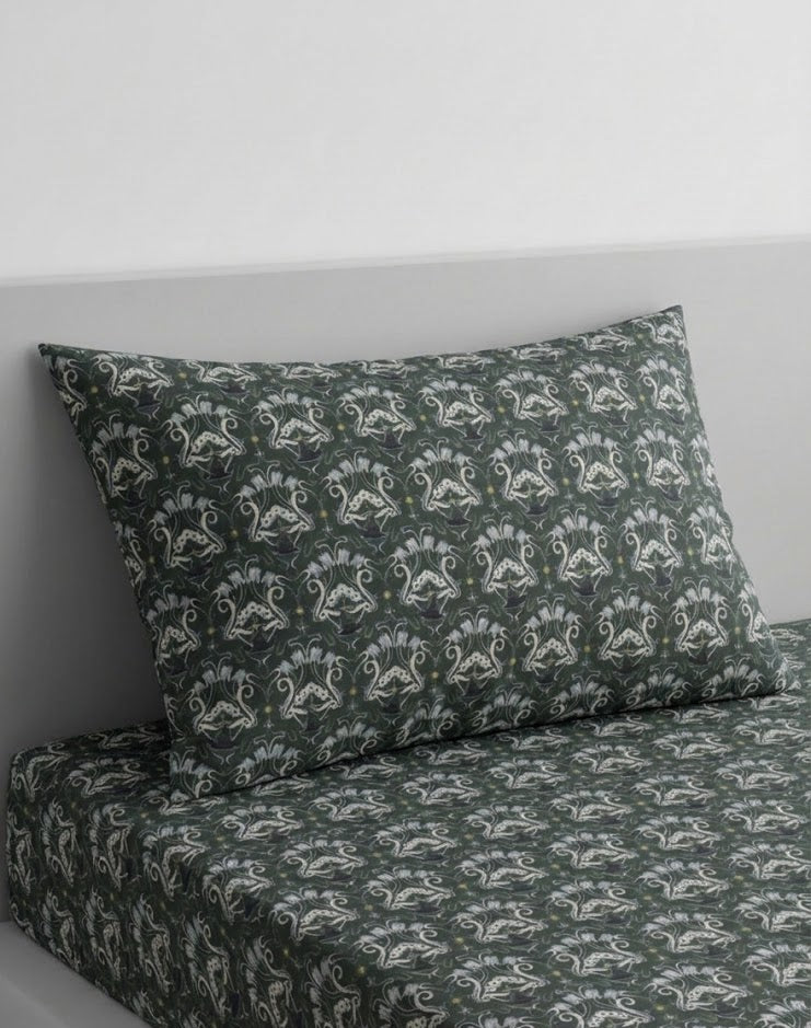 Dark Green and White Damask Patterned kids Percale Bed Sheet