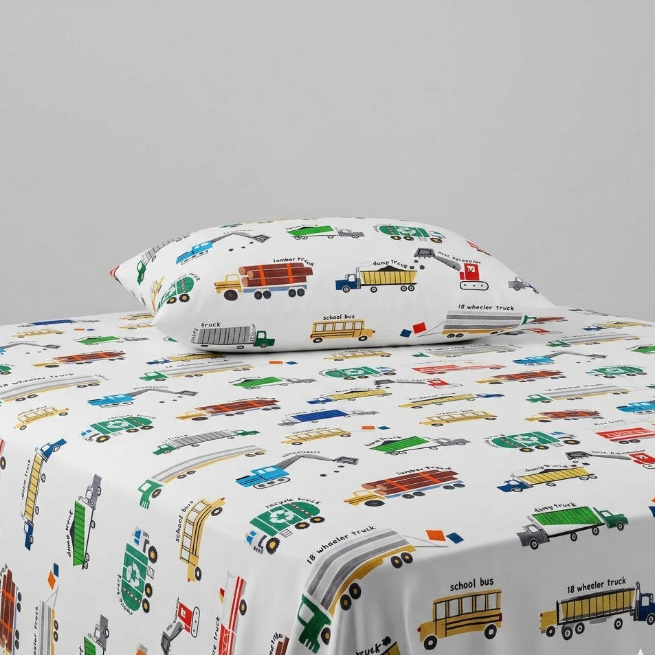 Construction vehicles kids Cotton Bed Sheet