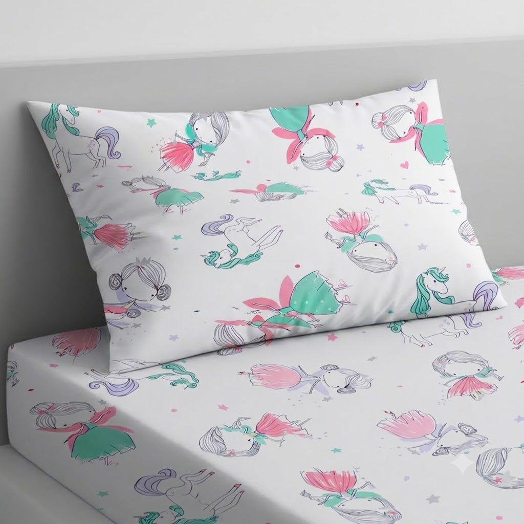 Unicorn and Ballerina Themed Cotton Bed Sheet