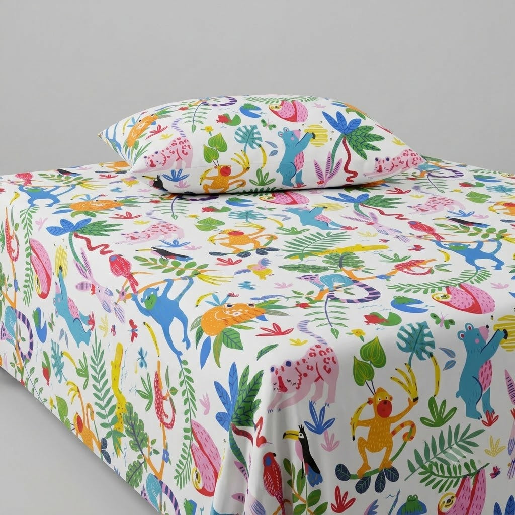 Jungle Themed kids Cotton Bed Sheet + Pillow Cover