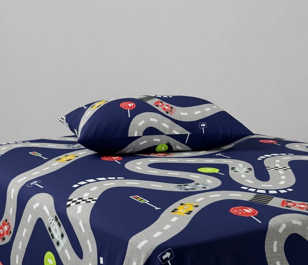 Colorful Cars, and Road Signs kids Cotton Bed Sheet