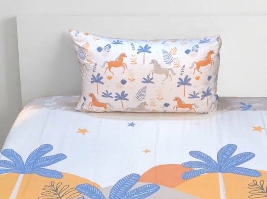 Bright Orange Horse Blue Foliage Themed kids Cotton Bed Sheet