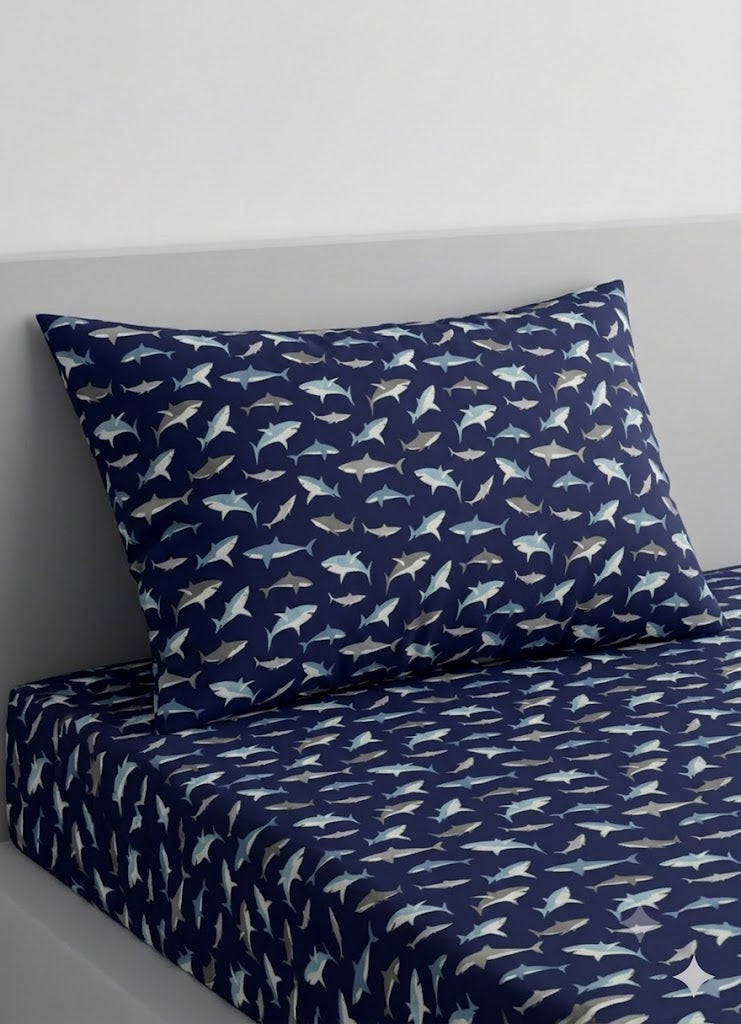 Shark Themed print kids Cotton Bed Sheet