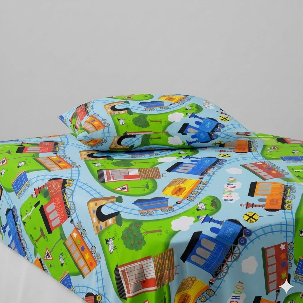 Train Themed Kids Cotton Bed Sheet