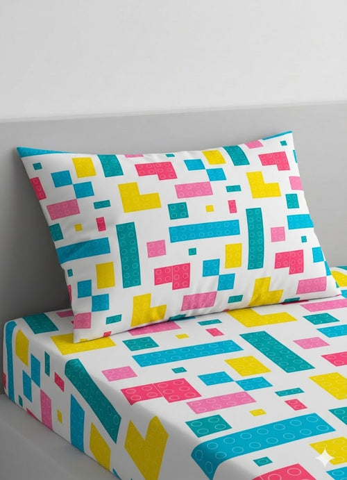 Colorful Building Blocks Kids Cotton Bed Sheet + Pillow Cover