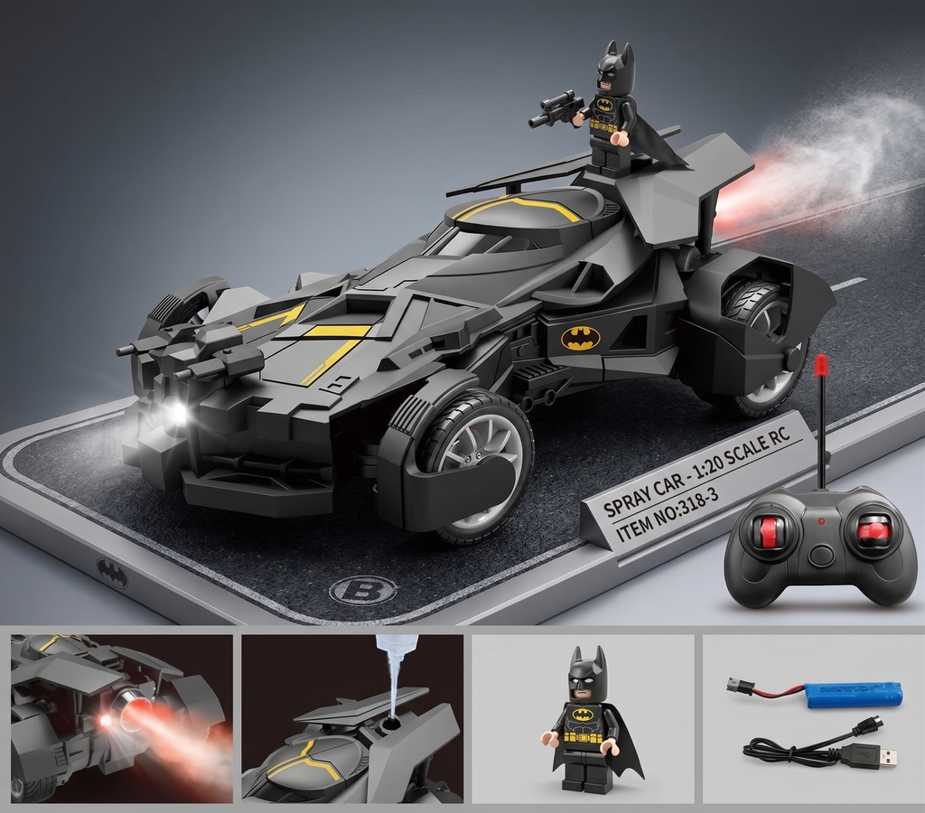 Batman-Inspired 1:20 Remote Control Spray Car with Water Mist & Lights