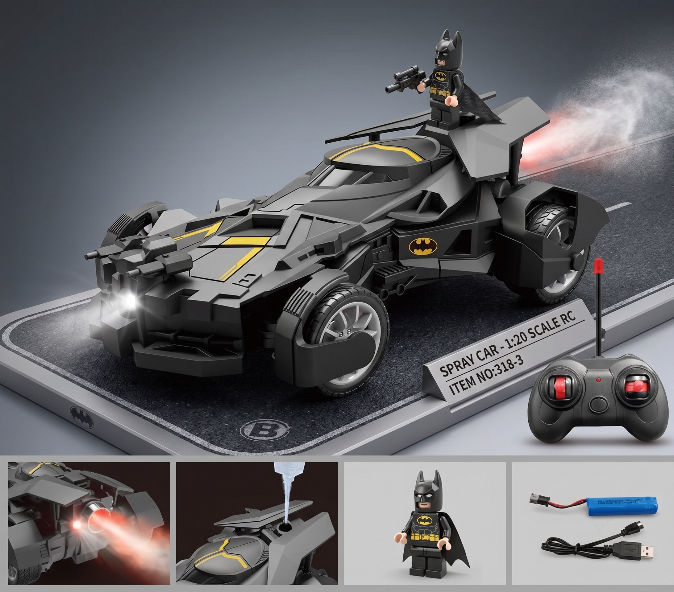 Batman-Inspired 1:20 Remote Control Spray Car with Water Mist & Lights
