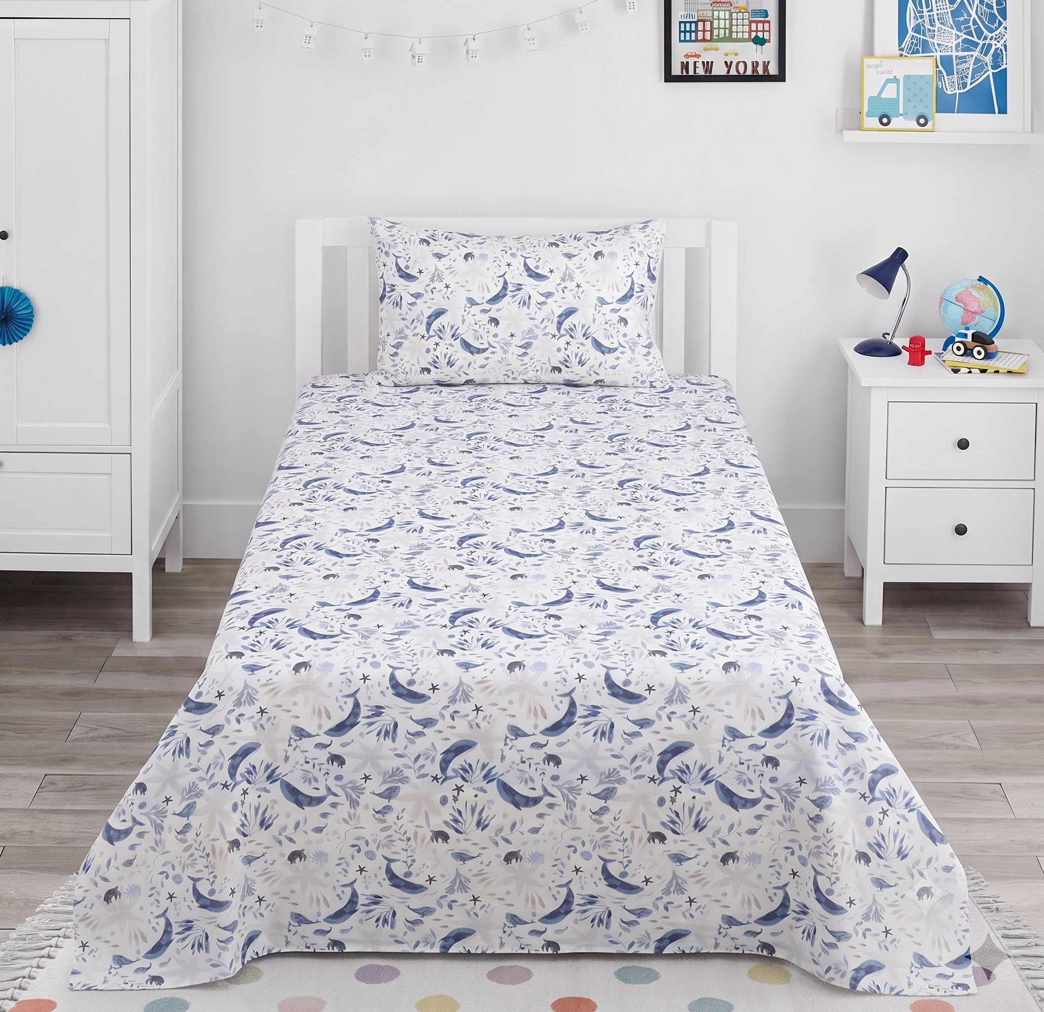
Blue Whale and Sea Creature Themed kids Percale Bed Sheet
