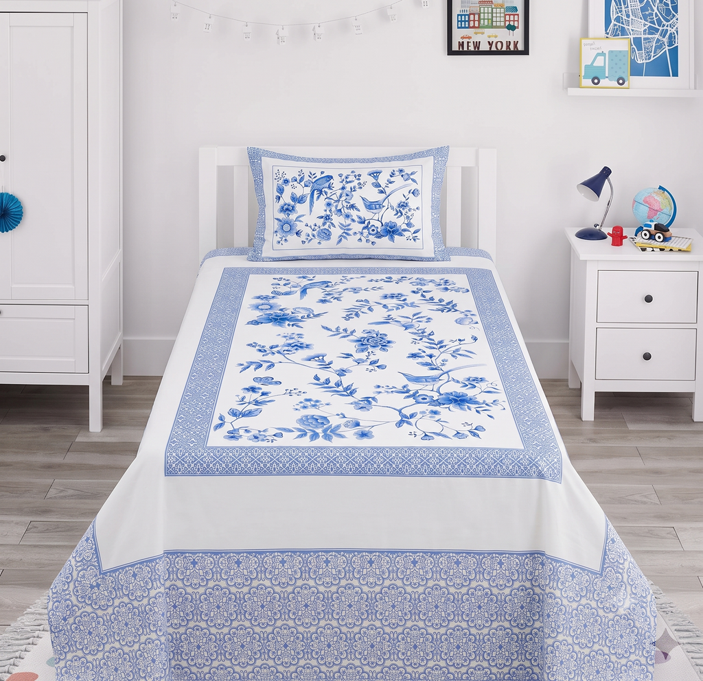 
Blue and White Floral and Bird Themed kids Percale Bed Sheet
