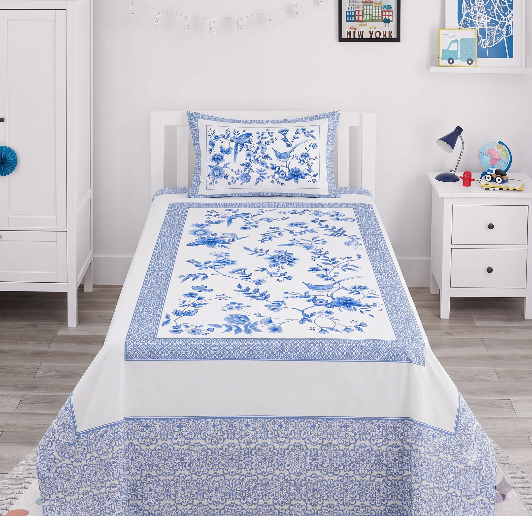 
Blue and White Floral and Bird Themed kids Percale Bed Sheet
