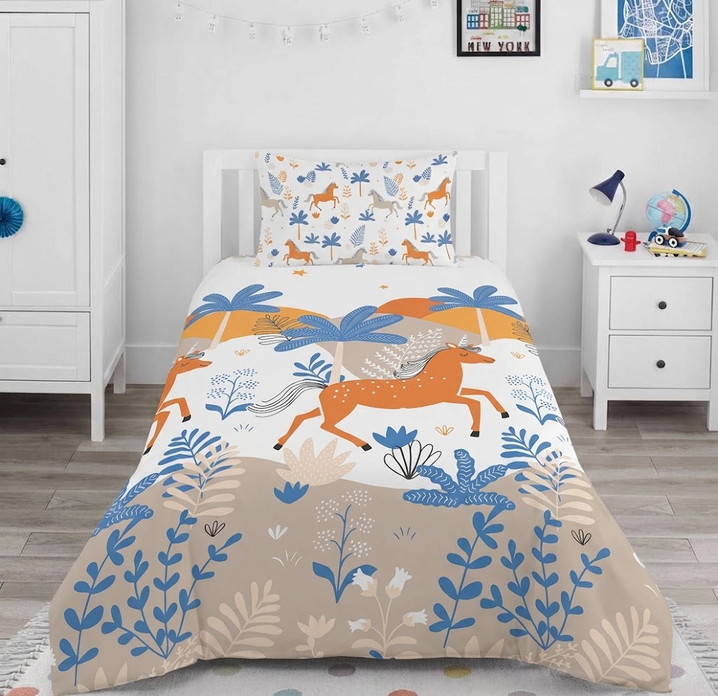 Bright Orange Horse Blue Foliage Themed kids Cotton Bed Sheet