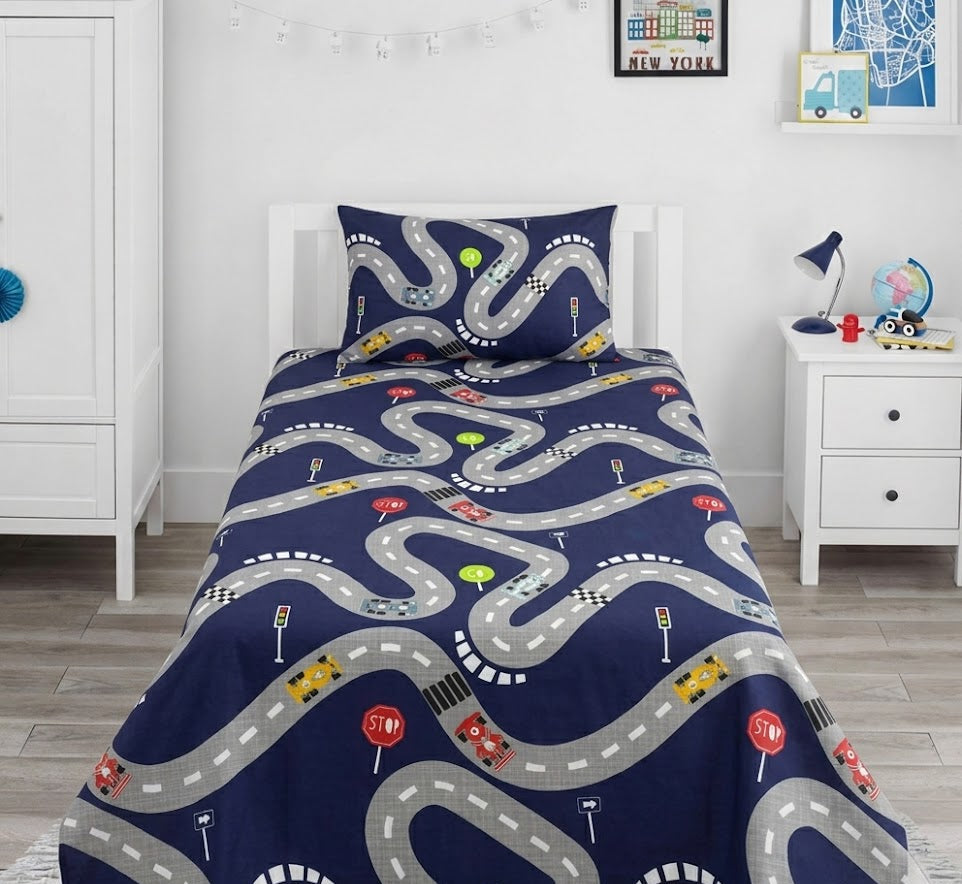 Colorful Cars, and Road Signs kids Cotton Bed Sheet