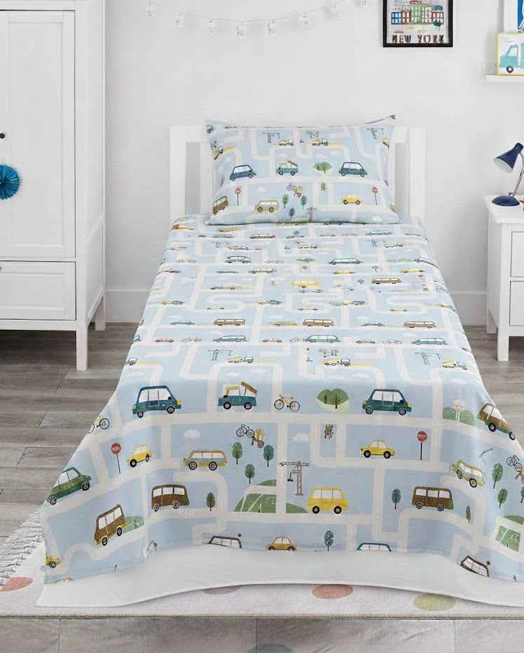 Colorful Cartoon Cars, Bicycles Themed kids Cotton Bed Sheet