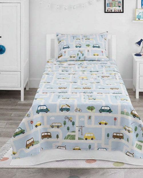 Colorful Cartoon Cars, Bicycles Themed kids Cotton Bed Sheet