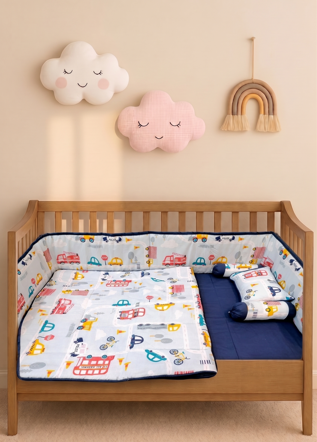 Colorful Road and Vehicle Themed Baby Cot Set