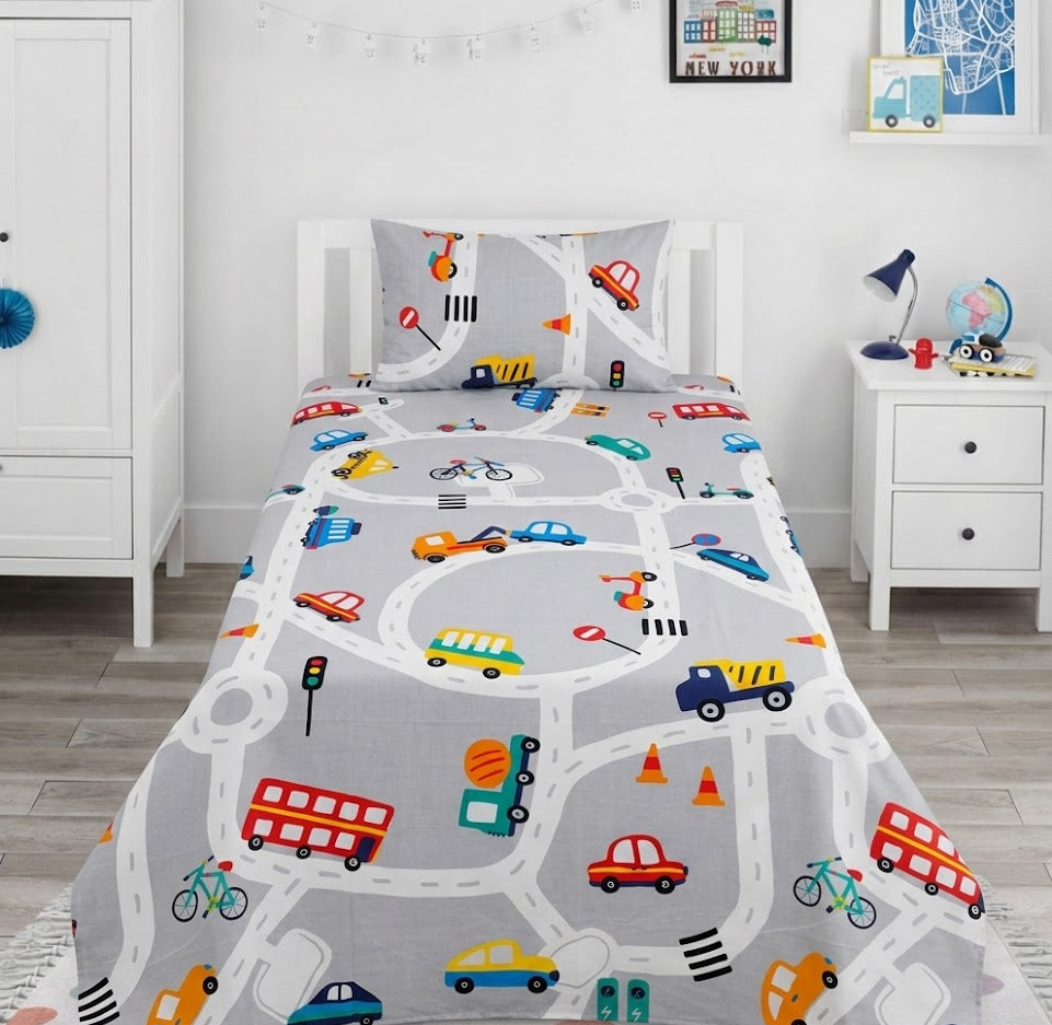 Colorful cartoon vehicles and road signs kids Cotton Bed Sheet