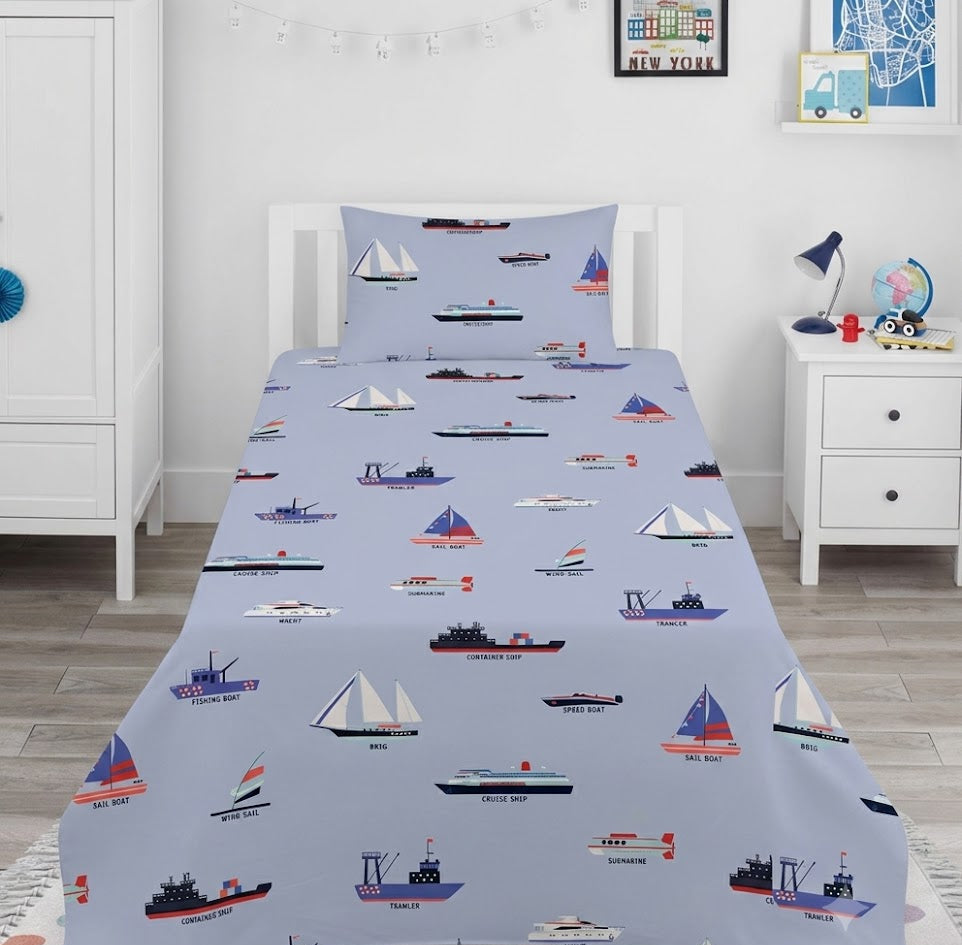 Colorful various ships and boats Themed  kids Cotton Bed Sheet