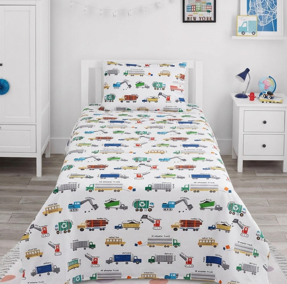 Construction vehicles kids Cotton Bed Sheet