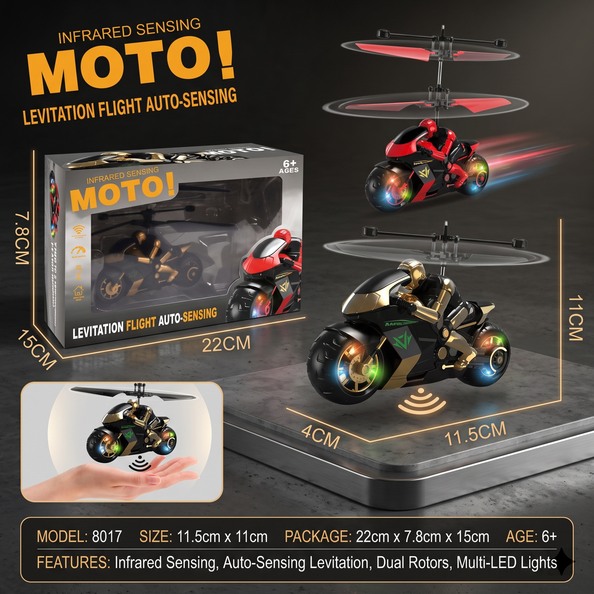 Rechargeable Hand Sensor Flying Motorcycle Toy – Infrared Sensing Hover Bike