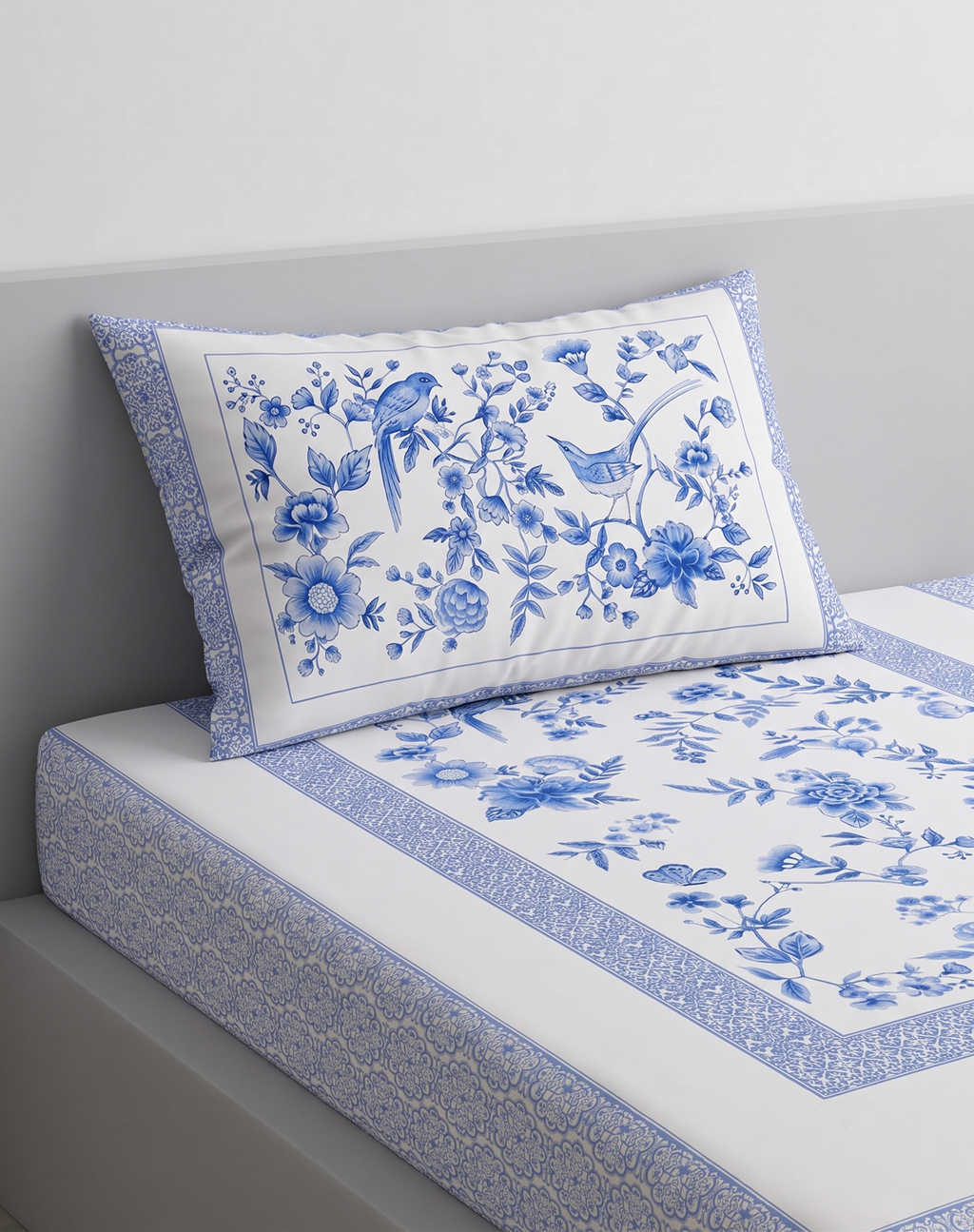 Blue and White Floral and Bird Themed kids Percale Bed Sheet