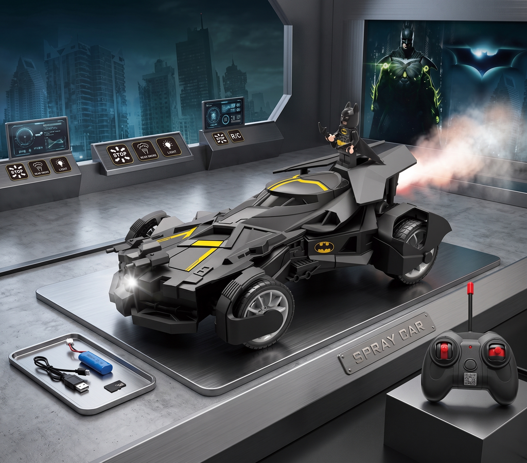 Batman-Inspired 1:20 Remote Control Spray Car with Water Mist & Lights
