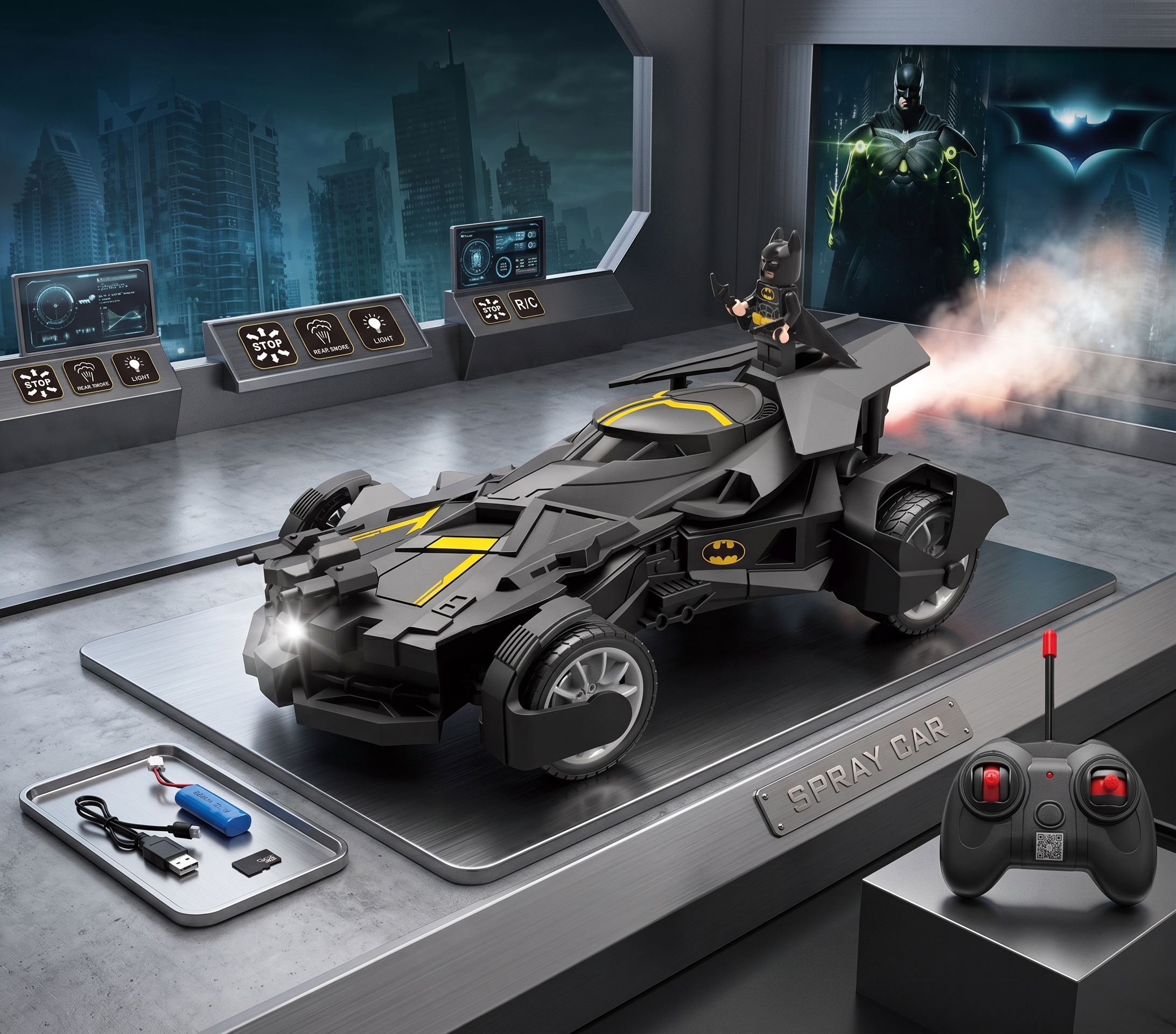 Batman-Inspired 1:20 Remote Control Spray Car with Water Mist & Lights