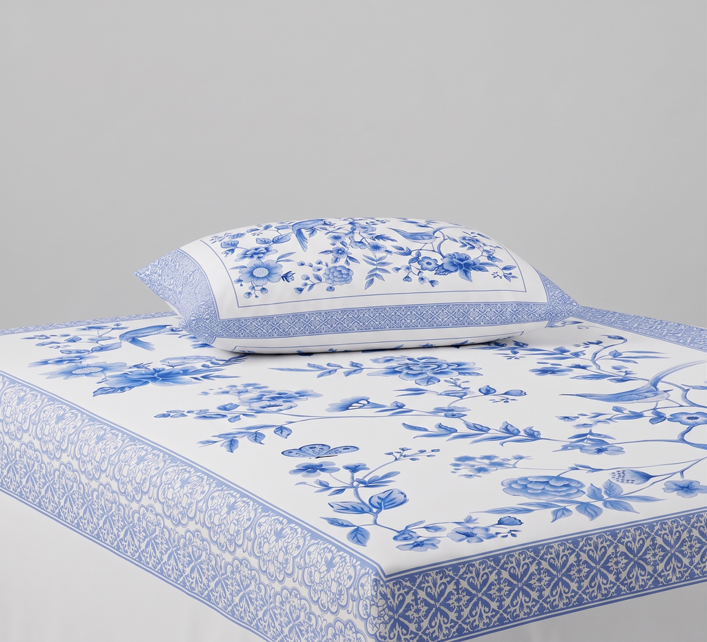 Blue and White Floral and Bird Themed kids Percale Bed Sheet