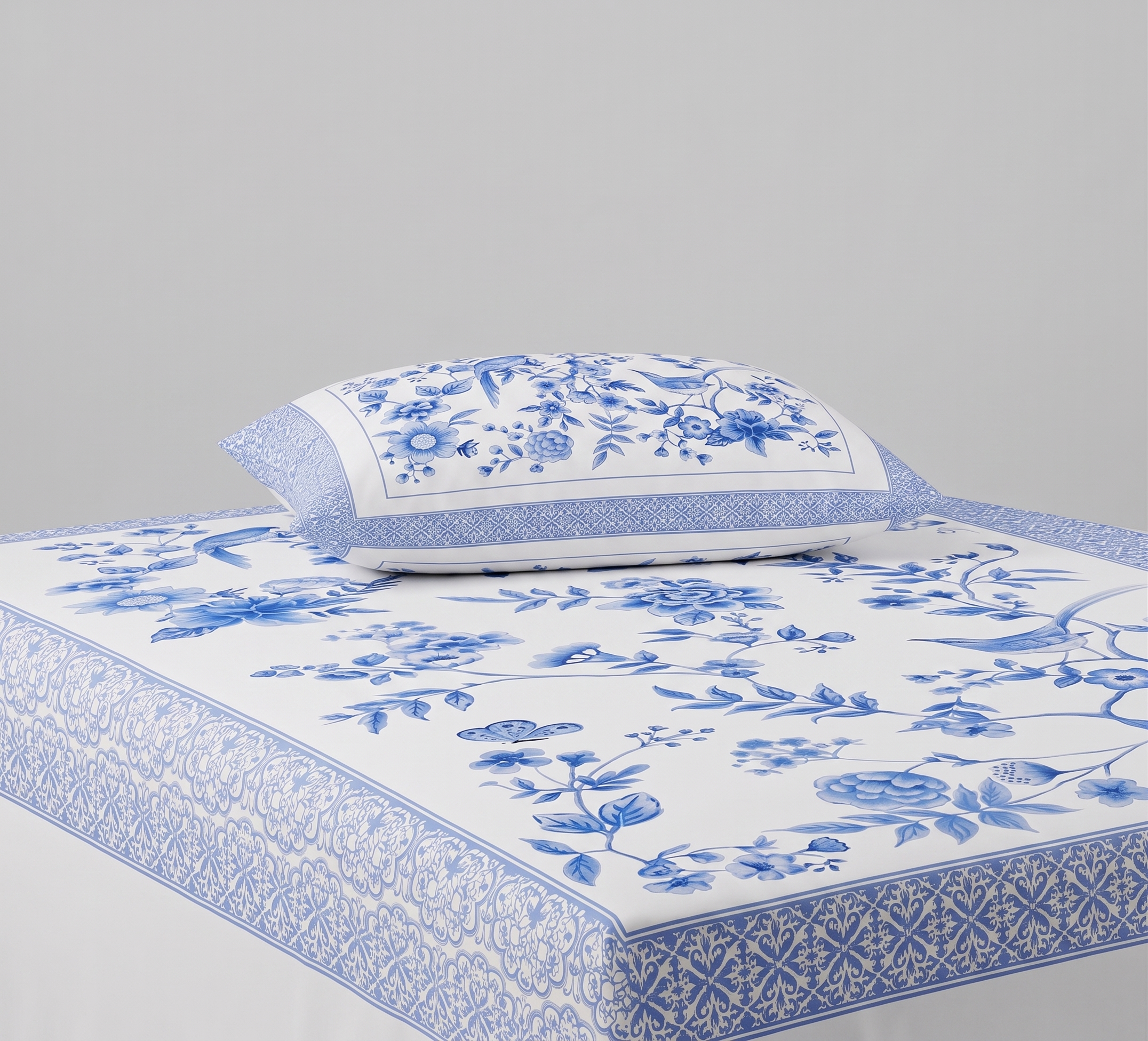 Blue and White Floral and Bird Themed kids Percale Bed Sheet