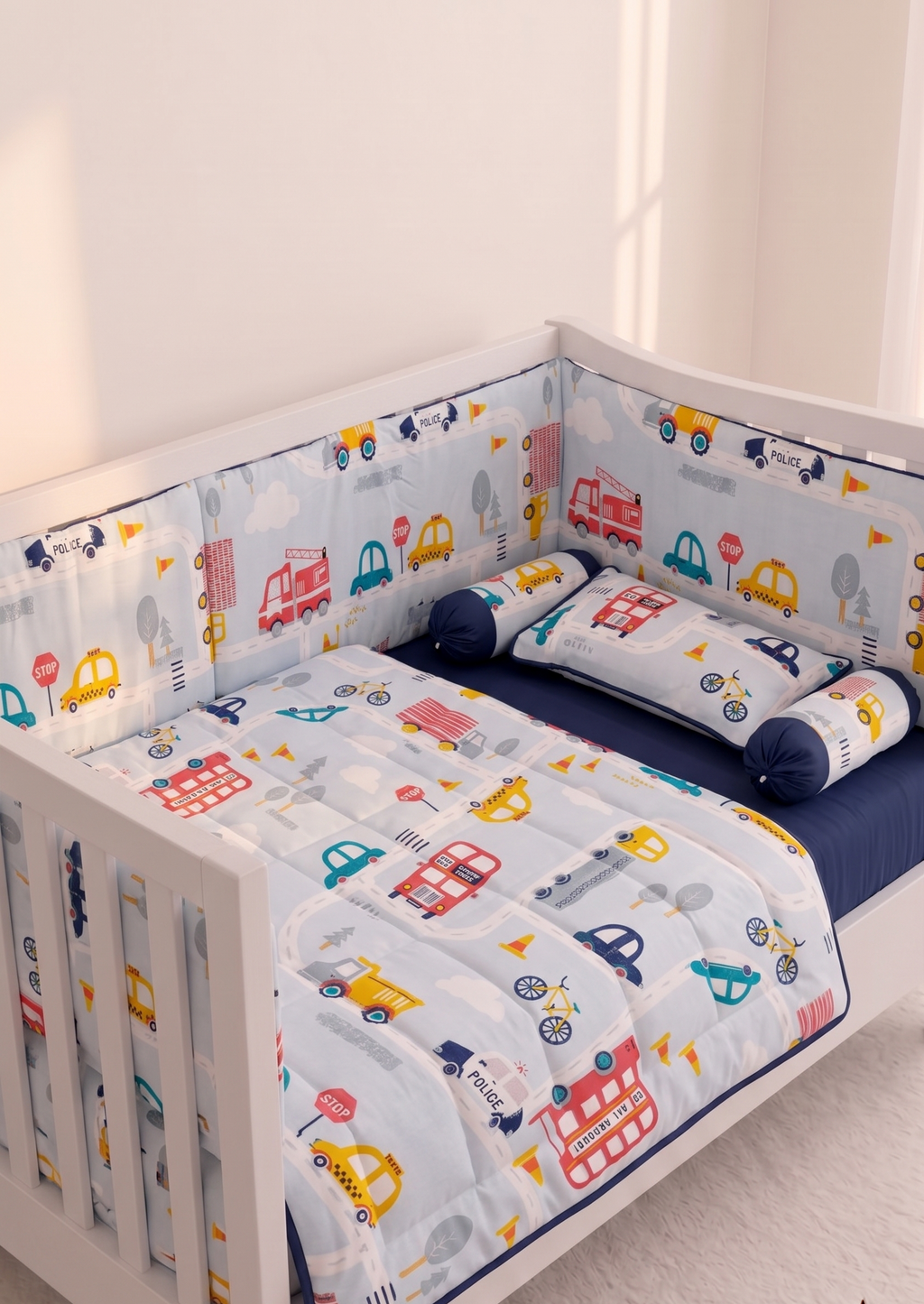 Colorful Road and Vehicle Themed Baby Cot Set