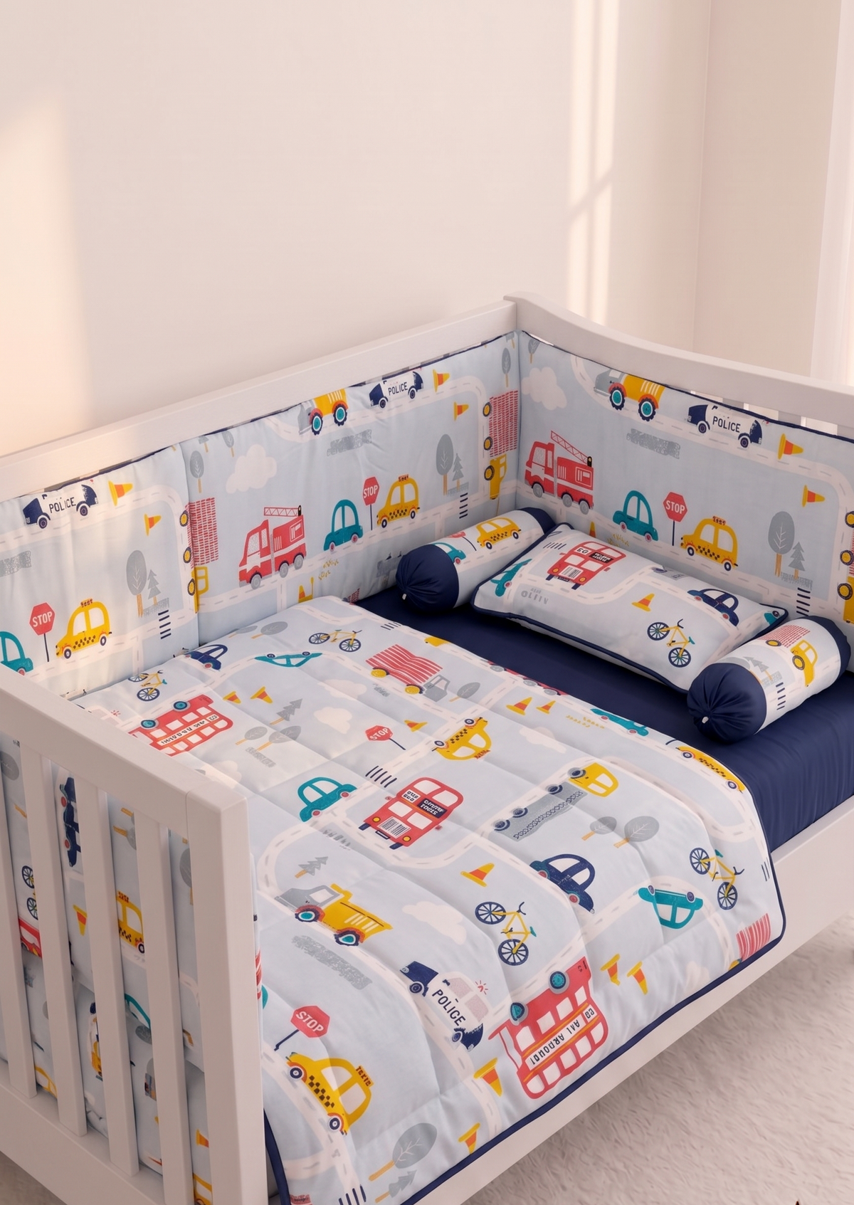 Colorful Road and Vehicle Themed Baby Cot Set