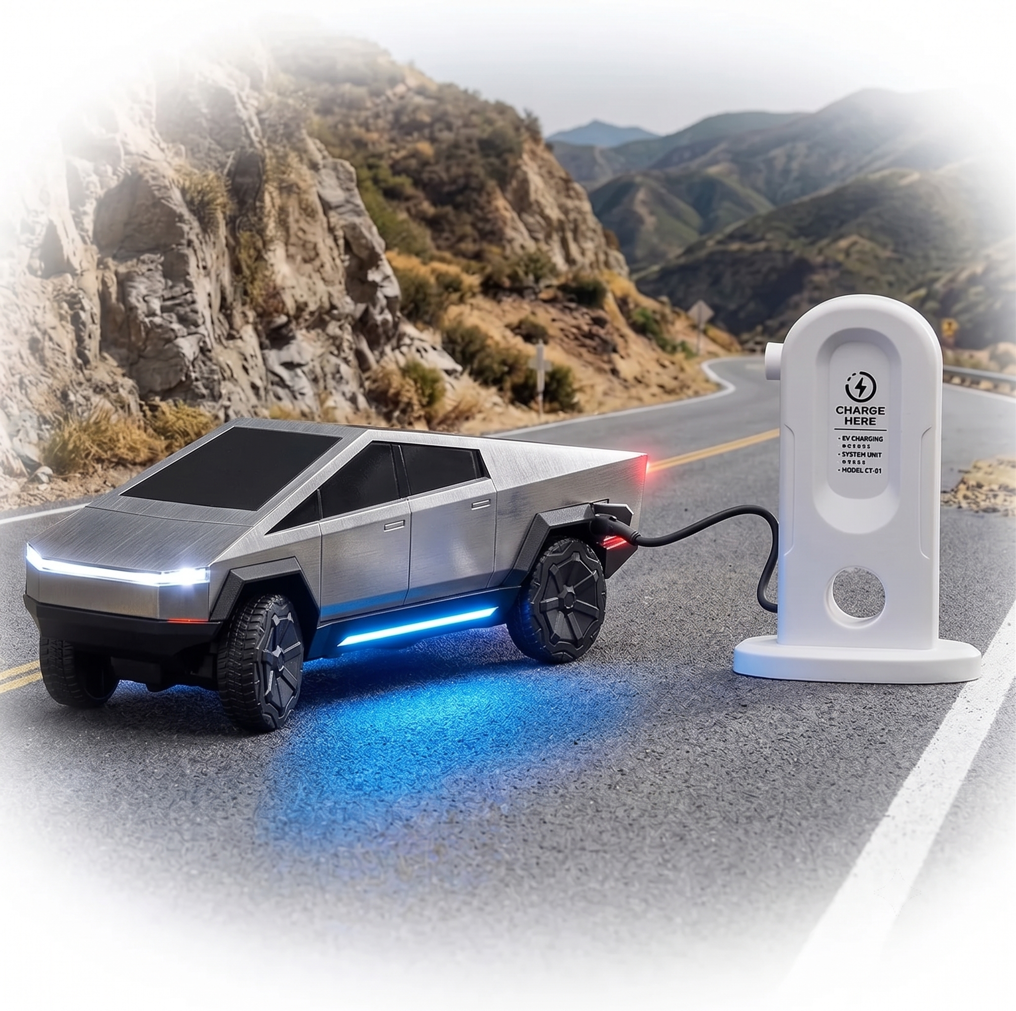 Remote Control Tesla Cyber Truck with EV Station Music Lights and Smoke Effect