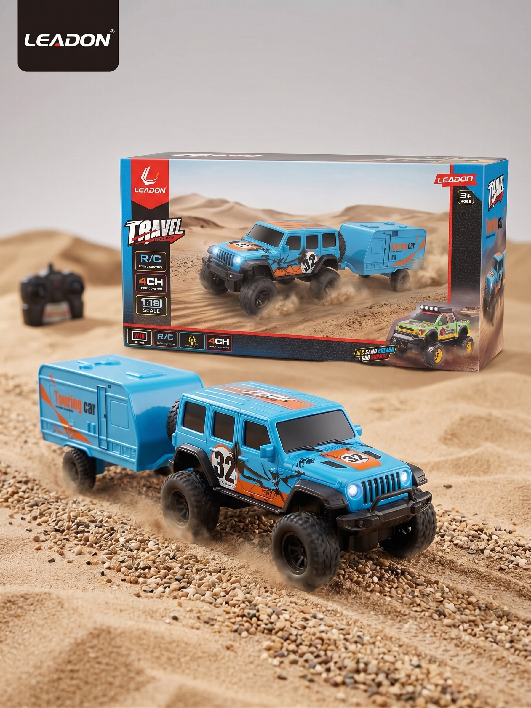 1/18 Scale Travel Cross-Country SUV  Double Cabin Jeep with Touring Trailer
