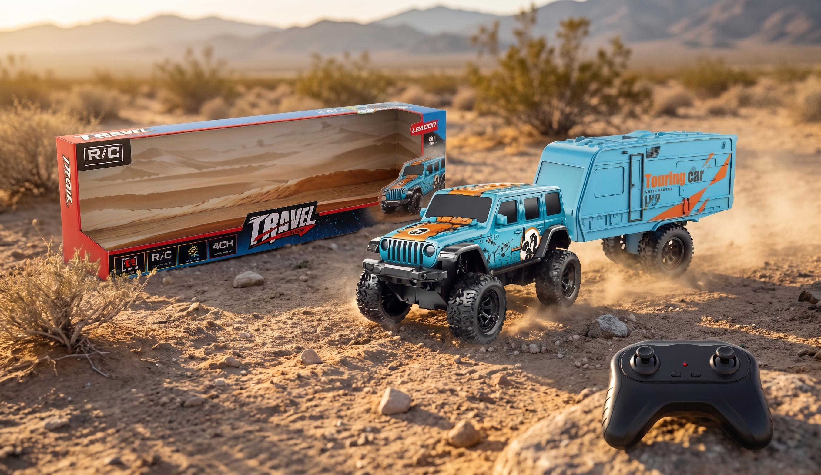 1/18 Scale Travel Cross-Country SUV  Double Cabin Jeep with Touring Trailer