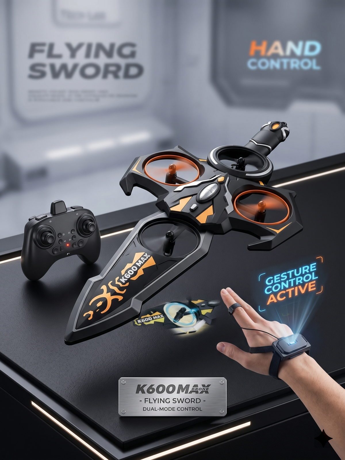 K600 MAX Flying Sword Drone – Hand Gesture Control RC Quadcopter with LED Lights