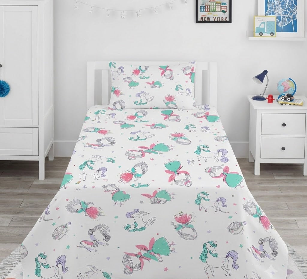 Unicorn and Ballerina Themed Cotton Bed Sheet