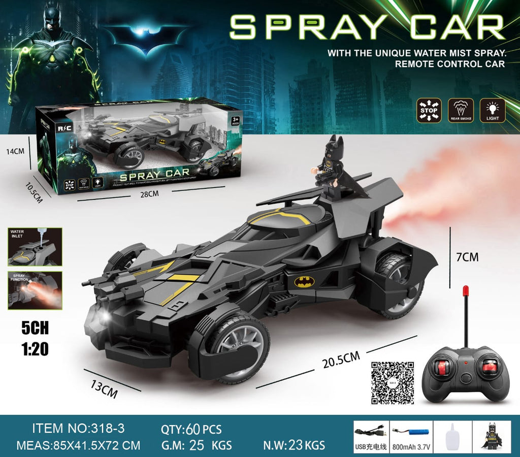 Batman-Inspired 1:20 Remote Control Spray Car with Water Mist & Lights