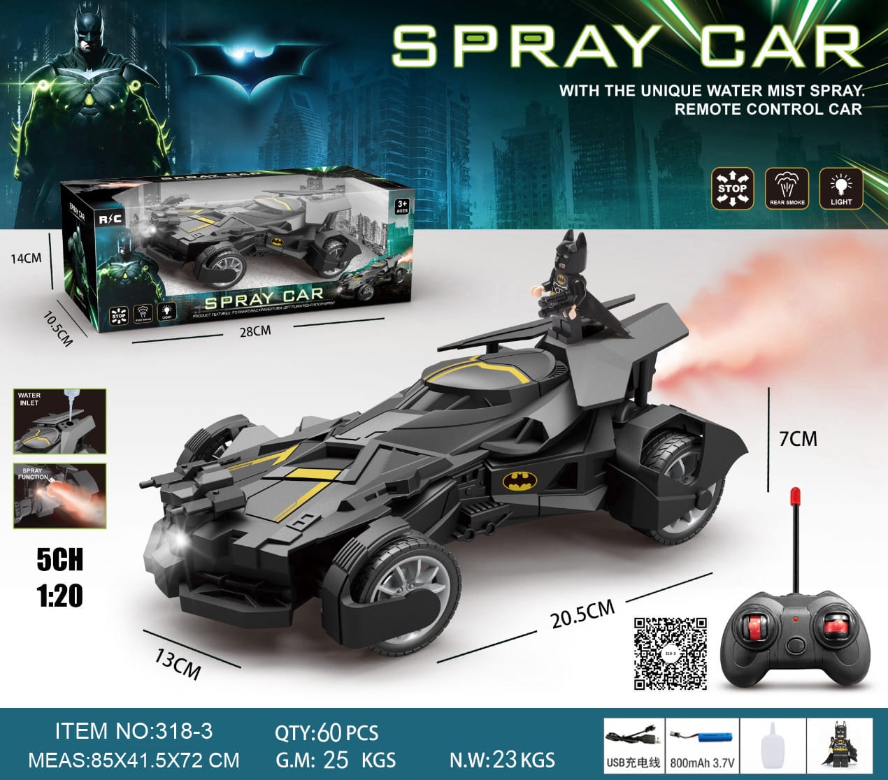 Batman-Inspired 1:20 Remote Control Spray Car with Water Mist & Lights