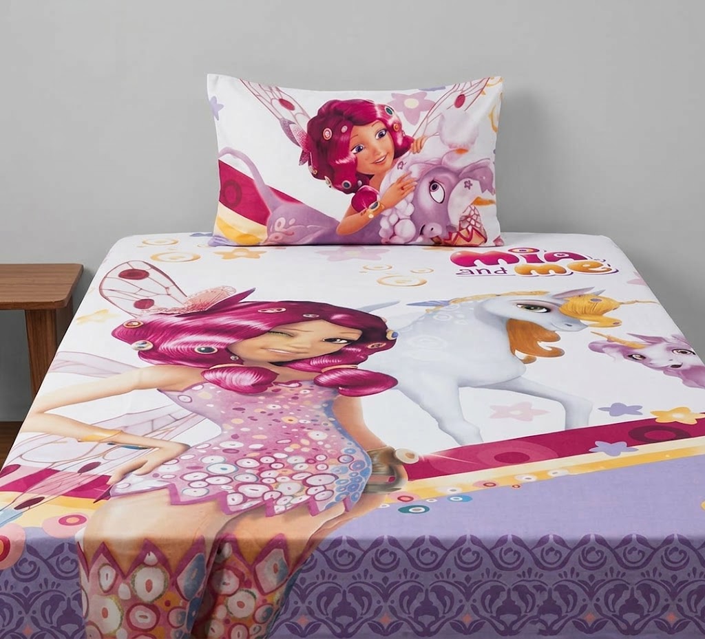 Mia and Me Characters Alongside a Unicorn kids Cotton Bed Sheet