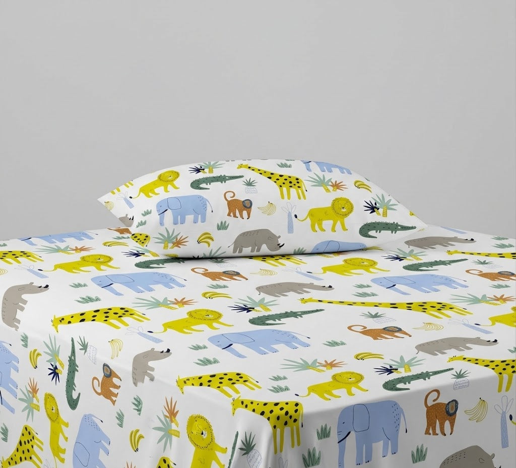 Colorful Jungle Animals Cartoon kids Cotton Bed Sheet