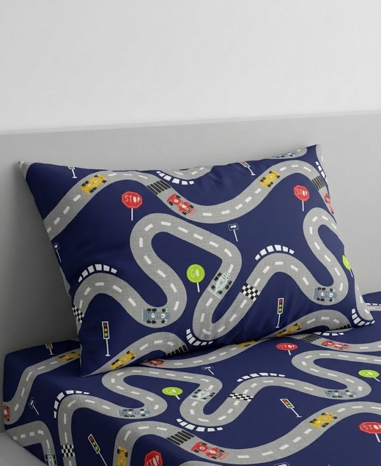 Colorful Cars, and Road Signs kids Cotton Bed Sheet