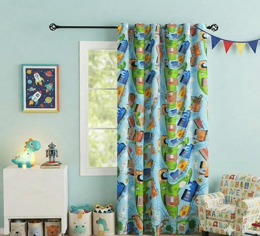 Colorful Cartoon Train Themed Kids Room Curtain
