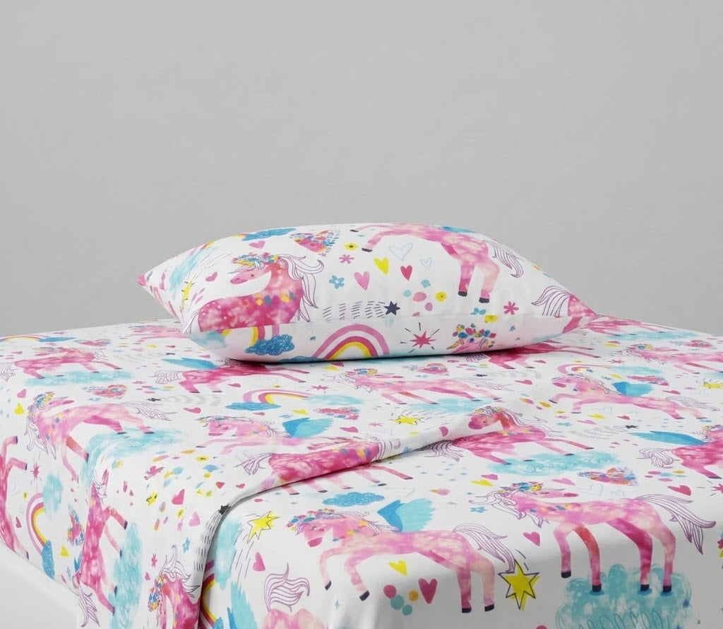 Colorful Unicorn-themed kids Cotton Bed Sheet + Pillow Cover